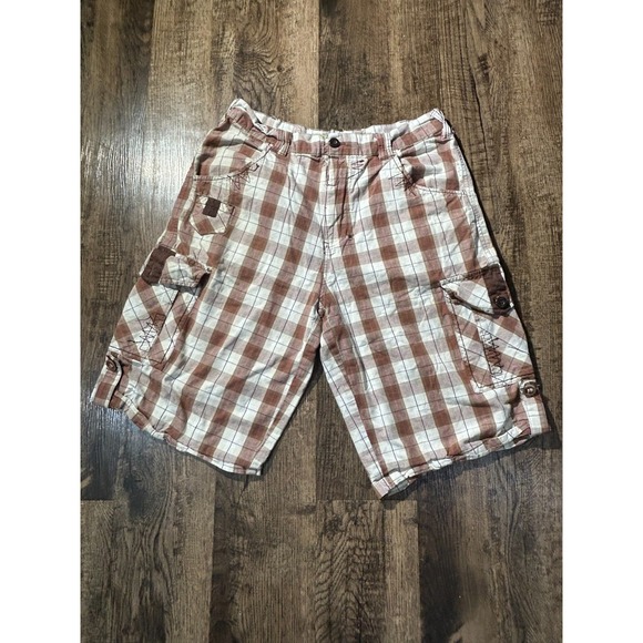Koman Other - Koman Cargo Shorts Mens 32 White Brown‎ Plaid Utility Pockets Casual Flat Front